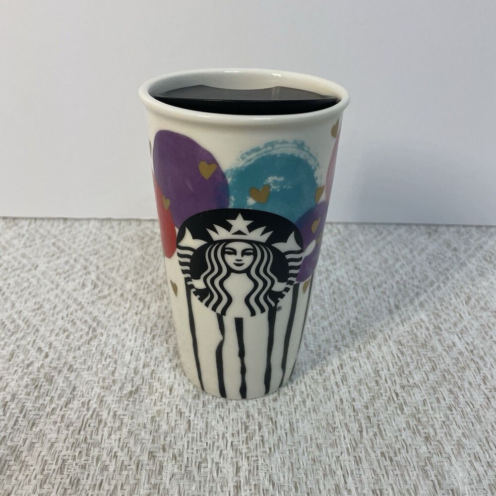 Starbucks 2016 Valentine Gold Hearts Balloons Ceramic 12 oz Tumbler With Lid
